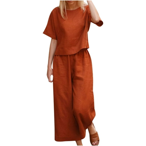 Summer Hot Saving! ITSUN Women Outfits Casual Loose Round Neck Short Sleeve Solid Wide Leg Linen Leisure Suit Red L