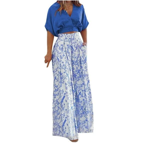 Summer Hot Saving! ITSUN Women Outfits Froral Print Casual V Neck Short SLeeve Top Long Pant Leisure Set Blue L