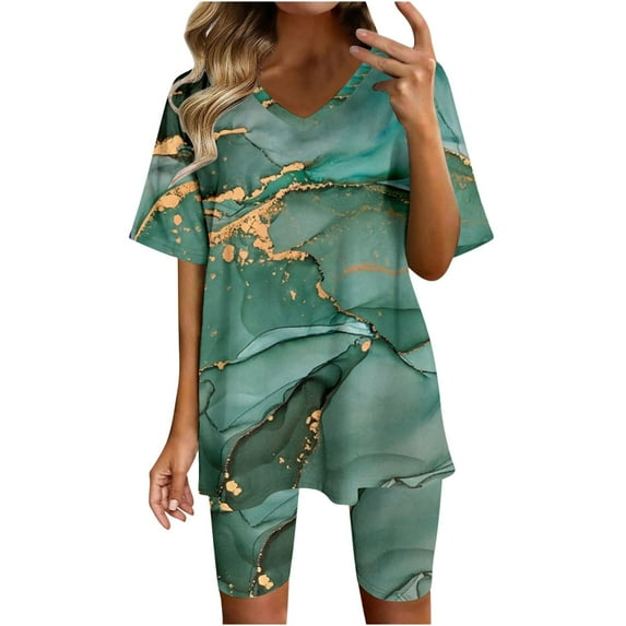 Summer Hot Saving! ITSUN Women Plus Size Outfit V-Neck Blouse Short Sleeve Tops Shorts Printed Casual Suit Leisure Sets Green XL