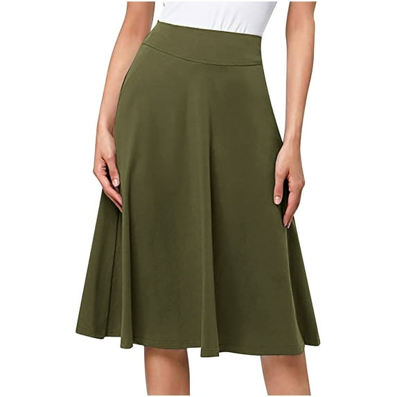 Summer Hot Saving! ITSUN Women Skirt Stretch High Waist Flowing Pleated Mid Length Flared Leisure Skirt Army Green XL