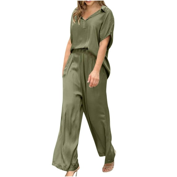 Summer Hot Saving! ITSUN Women's Outfits 2PC Suit Short Sleeve Solid Trousers Casual Two-Piece Leisure Suit Army Green 3XL