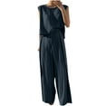 thumbnail image 1 of Summer Hot Saving! ITSUN Women's Outfits 2PC Suit Short Sleeve Solid Trousers Casual Two-Piece Leisure Suit Blue 3XL, 1 of 5