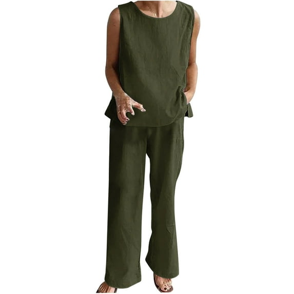 Summer Hot Saving! ITSUN Women's Outfits 2PC V Neck Solid Long Sleeve Trousers Casual Two-Piece Leisure Suit Army Green M