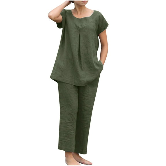 Summer Hot Saving! ITSUN Women's Outfits Leisure Suit Short Sleeve Round Neck Solid Trousers Casual Two-Piece Suit Army Green 5XL
