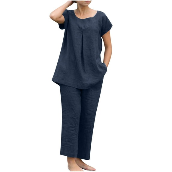 Summer Hot Saving! ITSUN Women's Outfits Leisure Suit Short Sleeve Round Neck Solid Trousers Casual Two-Piece Suit Blue 5XL