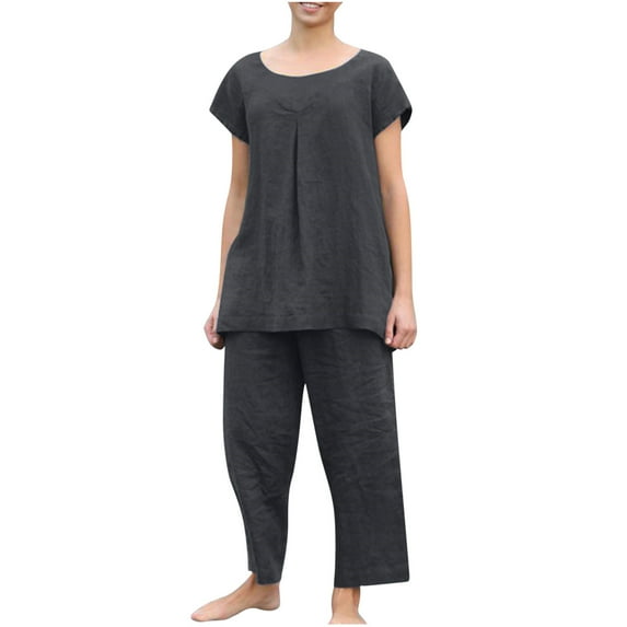 Summer Hot Saving! ITSUN Women's Outfits Leisure Suit Short Sleeve Round Neck Solid Trousers Casual Two-Piece Suit Gray 5XL