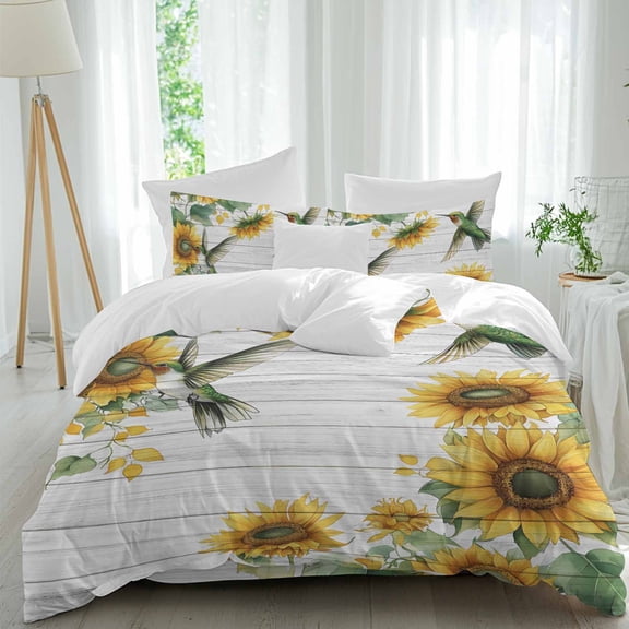 Summer Hummingbird 4 Piece Duvet Cover Set Twin Size Sunflower Leaves Grey Wood Grain Soft Bedding Set Comforter Cover, 1 Duvet Cover 1 Flat Sheets and 2 Pillowcases