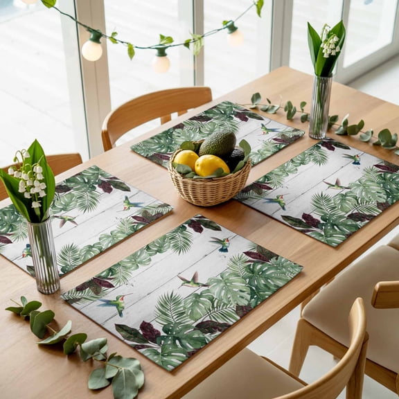 Summer Hummingbird Palm Leaf Placemats Set of 4,Wipeable Washable Table Mats for Dining Tables, Tropical Monstera Wood Plank Place Mats for Kitchen Event Party Tabletop Decor
