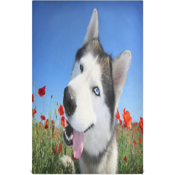 Summer Huskie Dog Dish Towels Set of 4, Red Flower Washable Tea Towels Dishcloths Lint-Free 18x28 Inch Fast Drying for Kitchen Restaurant Bar Clean