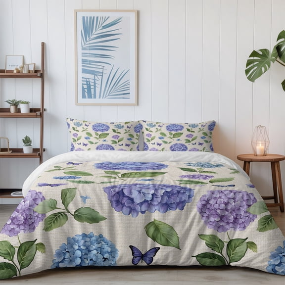 Summer Hydrangea Leaf Butterfly California King Size Bed Set,Retro Blue Purple Flower Bedding for All Seasons,4 Pcs Bed Set with 1 Quiltcover (96"x104"),1 Sheet (110"x98"),2 Pillowcases (20"x36")