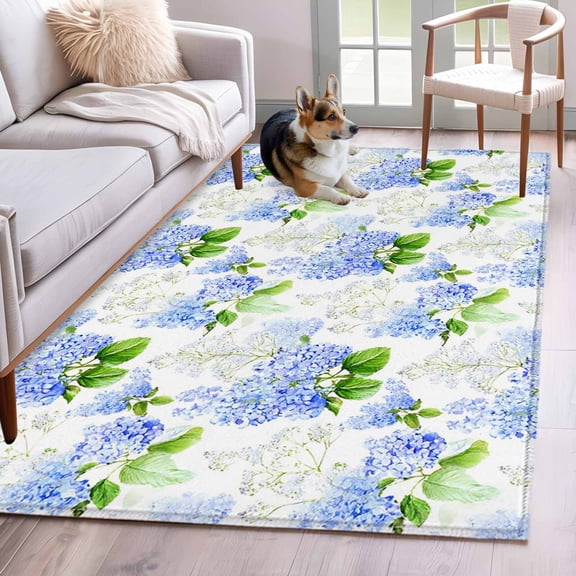 Summer Hydrangeas Area Rug 3x5 FT, Non Slip Entryway Bedside Carpet, White Blue Flowers Pastoral Leaves Washable Soft Floor Carpet Indoor Mat Non-Shedding Throw Rugs for Dorm Kitchen Home Office