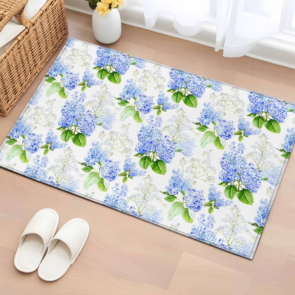 Summer Hydrangeas Bathroom Mats 2x3 FT, Non Slip Small Kitchen Mat, White Blue Flowers Pastoral Leaves Washable Soft Backed Front Door Throw Rugs Non-Shedding Indoor Outdoor Doormat for Entryway Sink