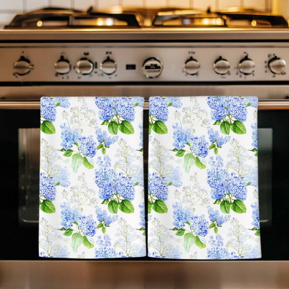 Summer Hydrangeas Kitchen Towels Set of 1, White Blue Flowers Pastoral Leaves Absorbent Dish Towels for Kitchen, Microfiber Hand Towel, Quick Drying Tea Towel for Cleaning Decorative Dishcloths