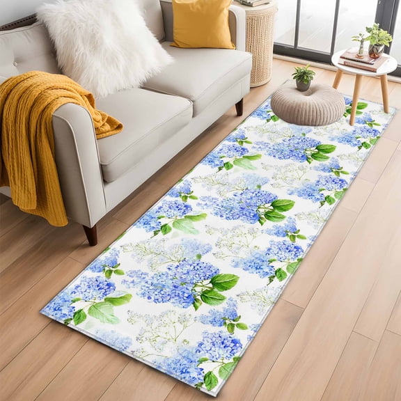 Summer Hydrangeas Runner Rug 2x6 FT,Non Slip Hallway Rugs,White Blue Flowers Pastoral Leaves Washable Soft Floor Carpet Throw Runner Carpet Long Rugs for Entryway Kitchen Bedside Sliding Door
