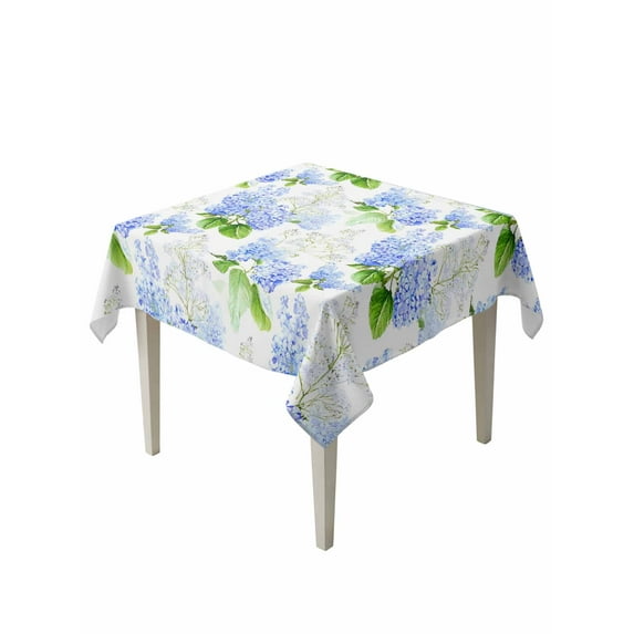 Summer Hydrangeas Table Cloth, White Blue Flowers Pastoral Leaves Waterproof Tablecloth for Square Tables, Reusable Washable Fabric Table Cover for Restaurant Kitchen Dining Tables 54"x54"