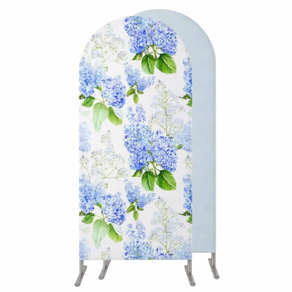 Summer Hydrangeas Wedding Arch Cover,Stretchy Spandex Arch Backdrop Stand Covers 5 FT,White Blue Flowers Pastoral Leaves Round Top Arched Backdrop Cover for Birthday Party Ceremony Baby Shower Event