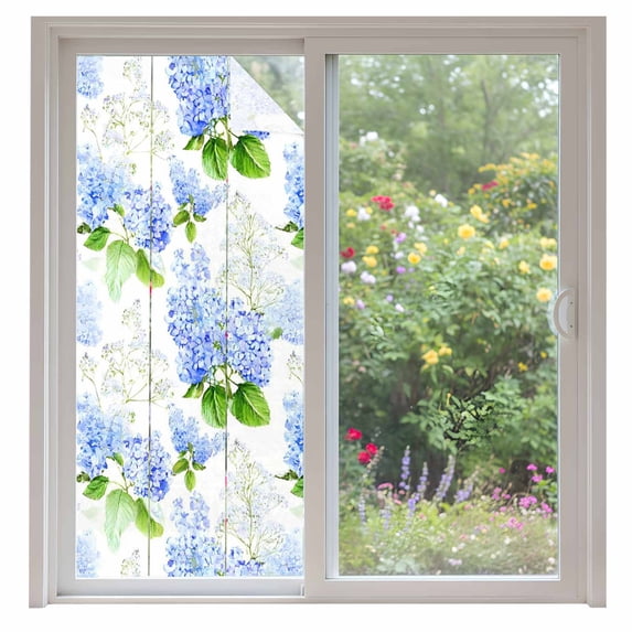 Summer Hydrangeas Window Privacy Film, White Blue Flowers Pastoral Leaves Static Cling UV Sun Blocking Heat Control Window Tint Day and Night, Non-Adhesive One Way Windows Privacy Cover 35.4''x78.7''
