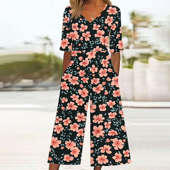 The Summer I Turned Pretty LEBONYARD Pants for Women Plus Size Clearance,Women Fashion Summer Floral Print Casual Short Sleeved V-neck Back Zipper Side Pocket Jumpsuit Pants Pink S