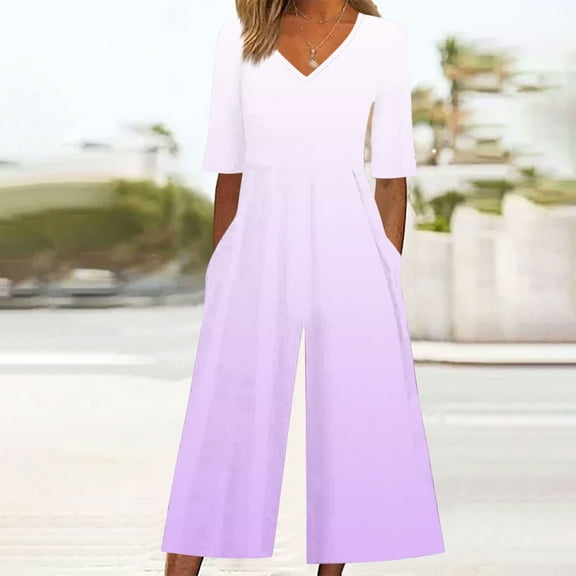 The Summer I Turned Pretty LEBONYARD Women's Wide Leg Pants with Pockets,Women Summer Floral Print Casual Short Sleeved V-neck Back Zipper Side Pocket Jumpsuit Pants Purple S