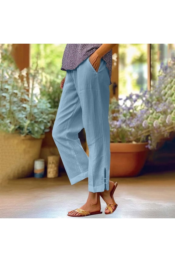 The Summer I Turned Pretty LEBONYARD Womens Pants Summer,Fashion Women Summer Bandage Elastic Waist Comfortable Pocket Pants Casual Detailed Side Button Solid Pant Light Blue S