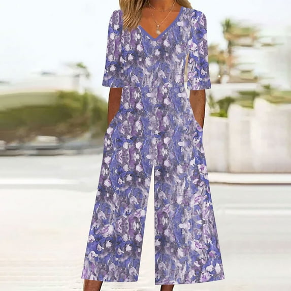 The Summer I Turned Pretty LEBONYARD Womens Wide Leg Pants Plus Size,Women Summer Floral Print Casual Short Sleeved V-neck Back Zipper Side Pocket Jumpsuit Pants Purple S