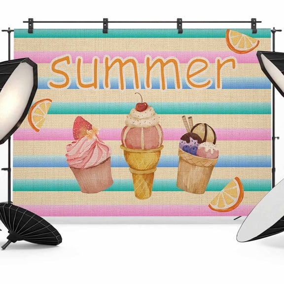 Summer Ice Backdrop for Photography, Cream Lemon Stripe Colorful Photo Backdrop Portrait Background Party Banner Photo Backgrounds for Studio Booth Props, 8x6ft