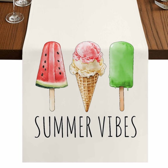 Summer Ice Cream 48 Inch Table Runner, Beige Dessert Watermelon Farmhouse Dresser Scarf Cotton & Linen Tablerunner for Dining/Kitchen Island/Holiday Party Décor 13" x 48"