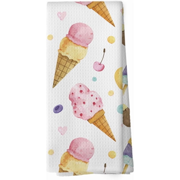 Summer Ice Cream Cone Kitchen Towels - Seasonal Holiday Summer Dish Towels Gifts for Girls, Friut Ice Pop Decorative Absorbent Dishcloths Hand Towels for Kitchen Decor 18x26 Inches
