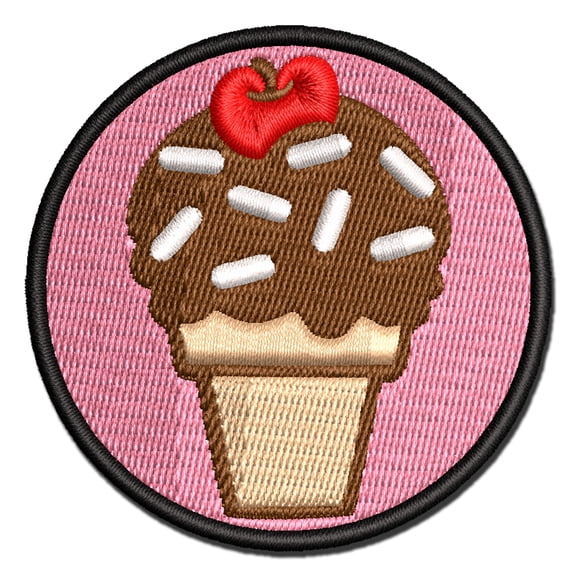 Summer Ice Cream Cone Sprinkles Chocolate Cherry Applique Multi-Color Embroidered Iron-On Patch - 3 Inch Medium