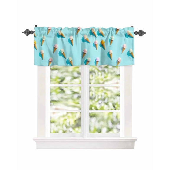 Summer Ice Cream Cones Window Valances for Kitchen,Rod Pocket Valance Privacy Small Curtain,Sweet Desserts on Blue Window Treatment Drapes for Bedroom Laundry Room Farmhouse Home Decor 42x12in