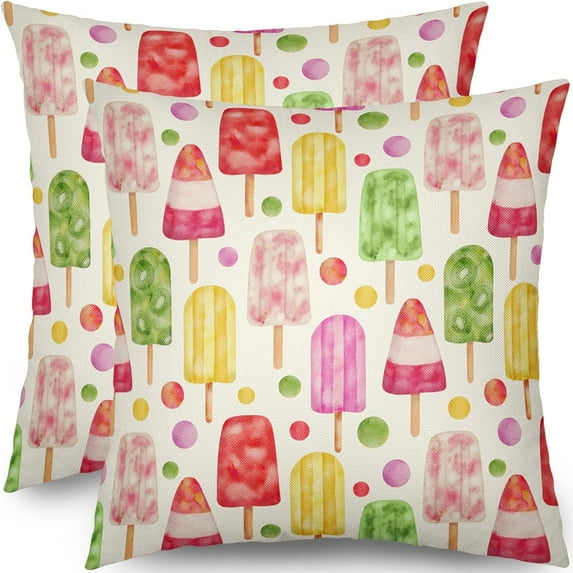 Summer Ice Cream Pillow Covers 18x18 Set of 2 Colorful Popsicle Dots Decorative Throw Pillows Outdoor Farmhouse Pillowcases Linen Cushion Case Decor for Home Sofa Couch Bed