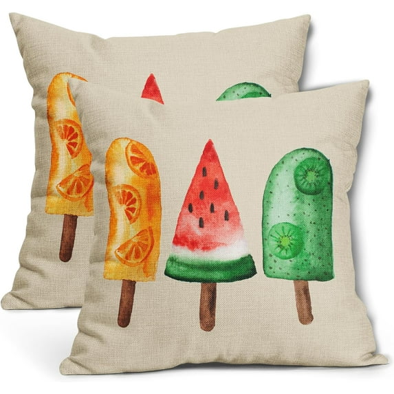 Summer Ice Cream Popsicle Pillow Covers 18X18 Inch Watercolor Orange Watermelon Kiwi Fruits Decorative Pillow Cases Set of 2 Seasonal Throw Pillows Farmhouse Home Decor for Couch Cushion Outdoor