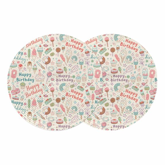 Summer Ice Cream Round Placemats Set of 2 Happy Birthday Cute Cake Place Mats Indoor Woven Table Mats Washable Heat-Resistance Braided Dining Table Placemats for Kitchen Holiday Party Decor 13 Inch