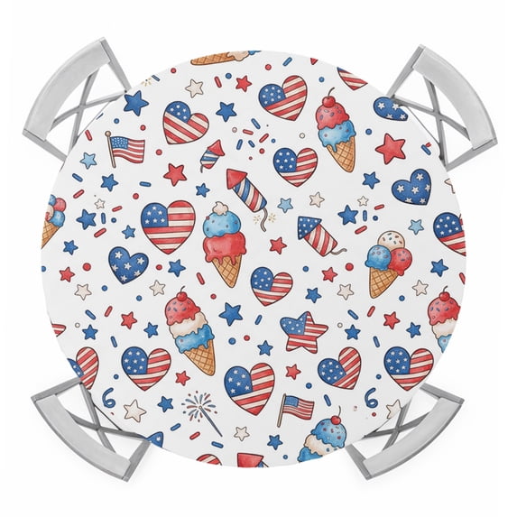 Summer Ice Cream Round Table Cover, Independence Day Red Blue Love Heart Star Flag Rocket Waterproof Fitted Tablecloths for 45"-54" Tables, Washable Picnic Table Cover for Dining Indoor Outdoor