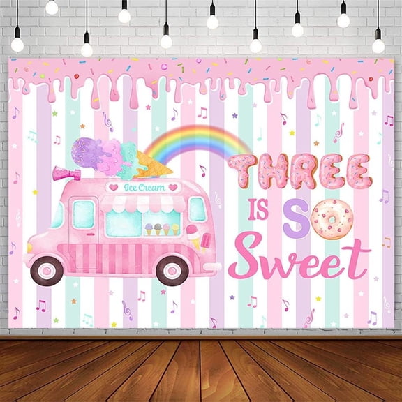 Summer Ice Cream Truck 3rd Birthday Backdrop for Girls Three is so Sweet Bday Party Decorations Rainbow Confetti Donuts Photography Background Third Birthday Banner Photo Shoot Props