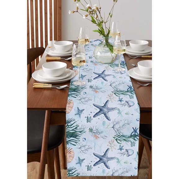 Summer Ice Cream Watermelon Dessert Table Runner 13x72in Non-Slip Cotton Linen Table Runners, Ocean Shell Starfish Dresser Scarves TableRunner for Dinner Kitchen Dining Wedding Party