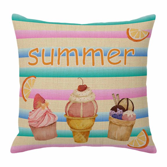 Summer Ice Throw Pillow Cover Cream Lemon Stripe Colorful Cotton Linen Cushion Cover Throw Pillow Case with Invisible Zipper for Couch Sofa Bed Chair Car 16x16 Inch