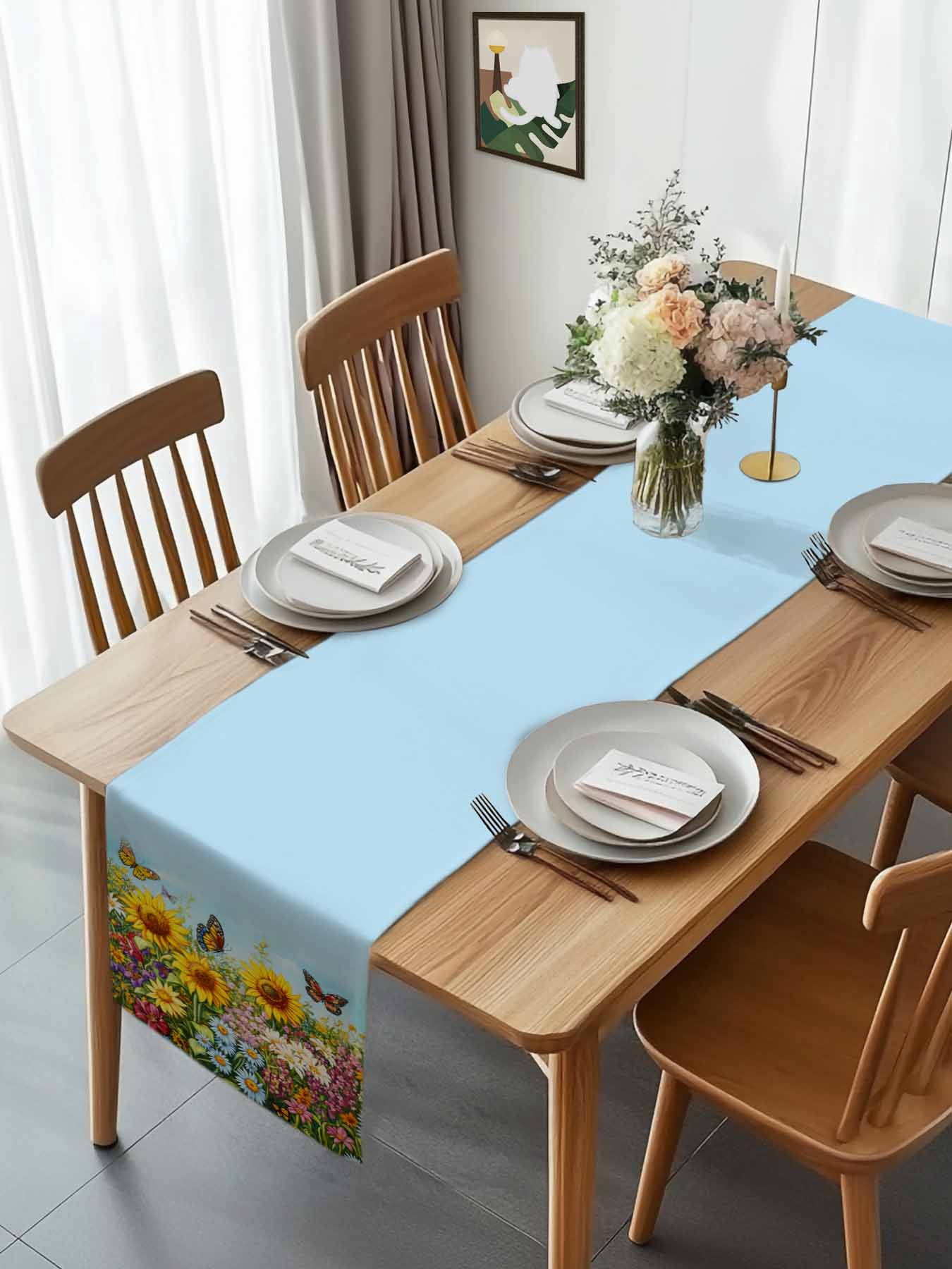 Summer Idyllic Sunflower Daisy Butterfly Table Runner 90 Inches Long, Watercolor Flower Table Runners Tabletop Scarf Kitchen Dining Tables Decoration for Home Party Indoor Outdoor