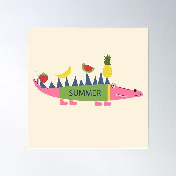 Summer Illustration Crocodile With Fruits Poster Wall Art, Modern Wall Decor For Living Room Bedroom, 24x24 UNFRAMED