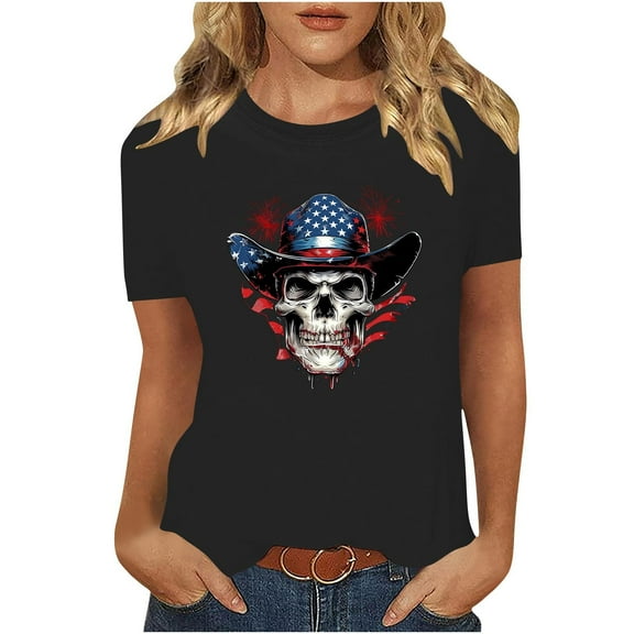 Summer Independence Day Tops for Womens American Flag Printed Tee Shirts Round Neck Tees Short Sleeve T Shirts Slim Fit Pullover Sweater Blouses Trendy Going Out Clothes