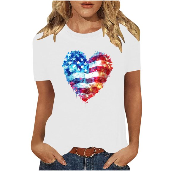 Summer Independence Day Tops for Womens American Flag Printed Tee Shirts Round Neck Tees Short Sleeve T Shirts Slim Fit Pullover Sweater Blouses Trendy Going Out Clothes