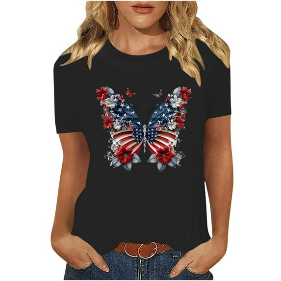 Summer Independence Day Tops for Womens American Flag Printed Tee Shirts Round Neck Tees Short Sleeve T Shirts Slim Fit Pullover Sweater Blouses Trendy Going Out Clothes