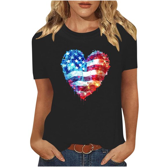 Summer Independence Day Tops for Womens American Flag Printed Tee Shirts Round Neck Tees Short Sleeve T Shirts Slim Fit Pullover Sweater Blouses Trendy Going Out Clothes