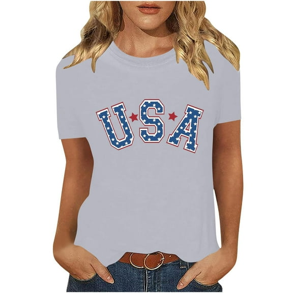Summer Independence Day Tops for Womens American Flag Printed Tee Shirts Round Neck Tees Short Sleeve T Shirts Slim Fit Pullover Sweater Blouses Trendy Going Out Clothes