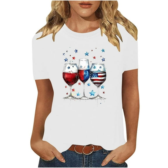 Summer Independence Day Tops for Womens American Flag Printed Tee Shirts Round Neck Tees Short Sleeve T Shirts Slim Fit Pullover Sweater Blouses Trendy Going Out Clothes