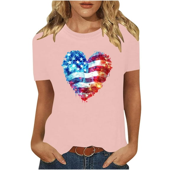 Summer Independence Day Tops for Womens American Flag Printed Tee Shirts Round Neck Tees Short Sleeve T Shirts Slim Fit Pullover Sweater Blouses Trendy Going Out Clothes