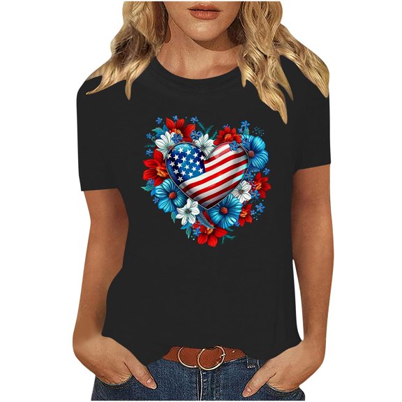 Summer Independence Day Tops for Womens American Flag Printed Tee Shirts Round Neck Tees Short Sleeve T Shirts Slim Fit Pullover Sweater Blouses Trendy Going Out Clothes