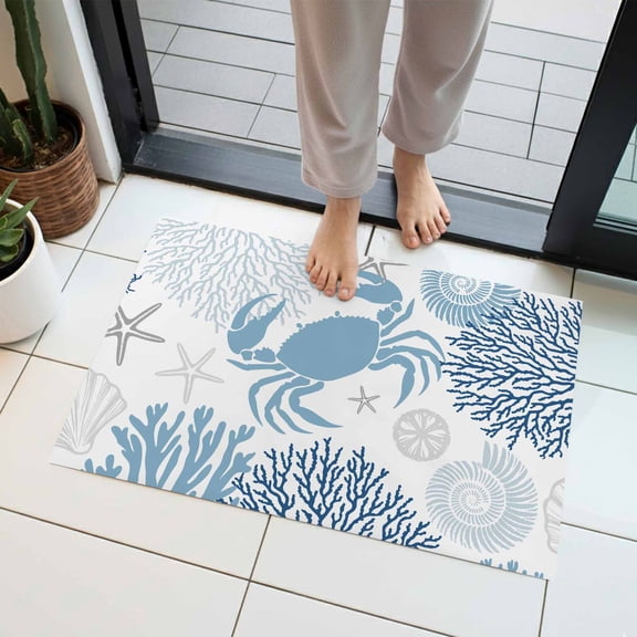 Summer Indoor Door Mat 18x30 Inch Navy Blue Crab Coral Seashell Nautical Coastal Ocean Front Door Mat Non Slip Washable Entryway Rug Low Profile Dirt Trapper Doormat for Bathroom Kitchen Bedroom
