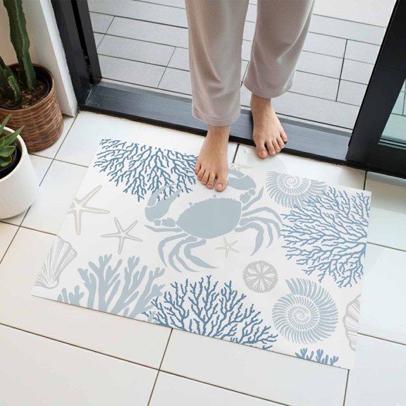 Summer Indoor Door Mat 20x31.5 Inch Blue Grey Crab Coral Seashell Nautical Coastal Ocean Front Door Mat Non Slip Washable Entryway Rug Low Profile Dirt Trapper Doormat for Bathroom Kitchen Bedroom