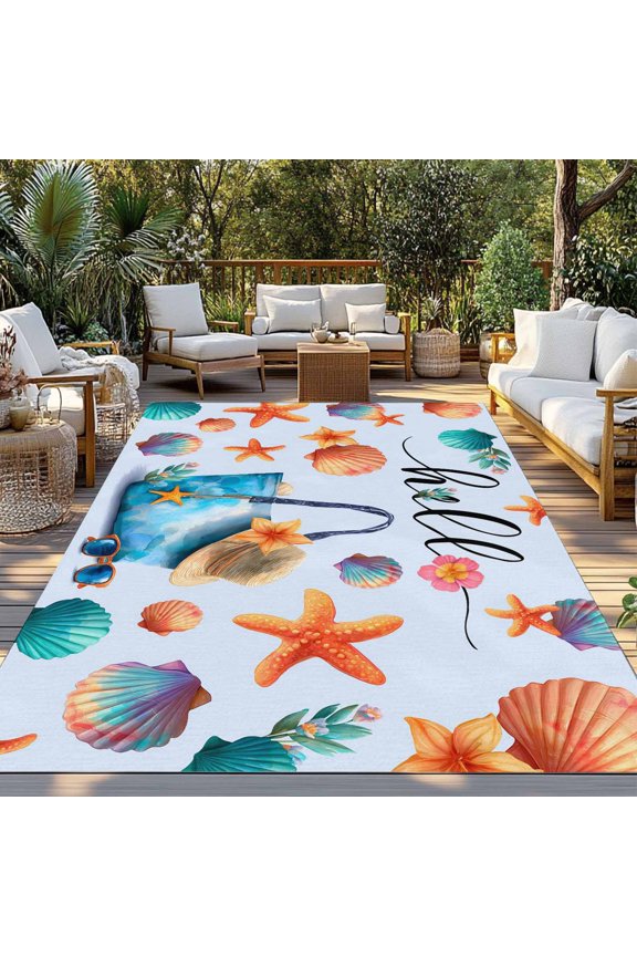 Summer Indoor Outdoor Rugs 3x5 Ft, Beach Bag Seashell Starfish Sunglasses Blue Outdoor Patio Rugs Mat Washable Outside Area Rugs Carpet for Porch Deck RV Camping Pool Balcony Backyard
